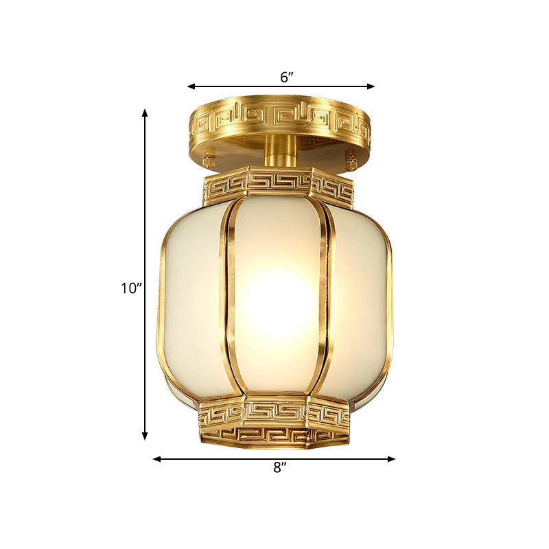 Plafonnier semi-encastré traditionnel en métal et laiton avec abat-jour en verre opale