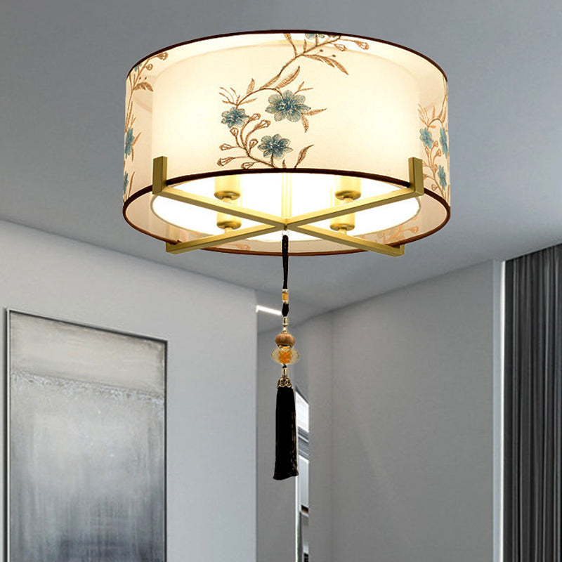Traditional Style White Fabric Flush Mount Lamp with 4 Lights