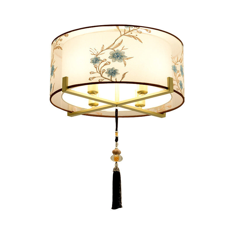 Traditional Style White Fabric Flush Mount Lamp with 4 Lights