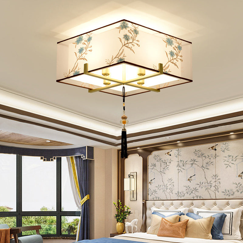 Classic Square Fabric Flush Light: 4-Light Ceiling Mount for Bedroom (White)