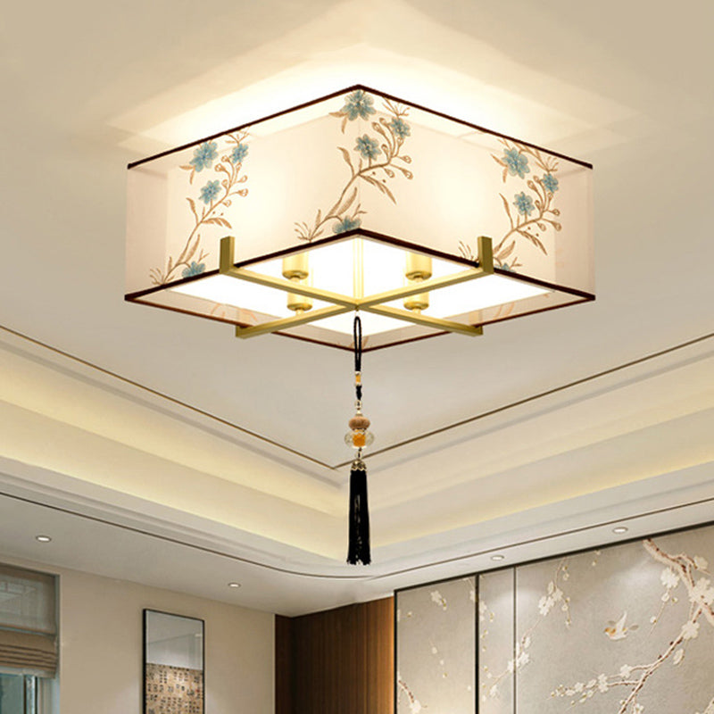Classic Square Fabric Flush Light: 4-Light Ceiling Mount for Bedroom (White)