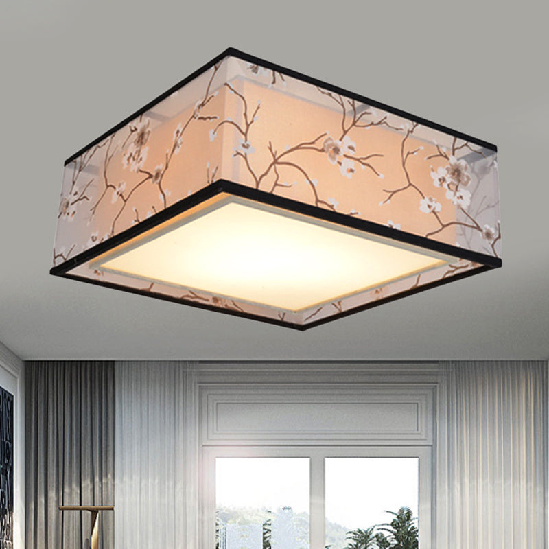 Traditional Style Fabric Square Flush Light - 4/5 Lights Ceiling Flush Mount in White - Various Sizes