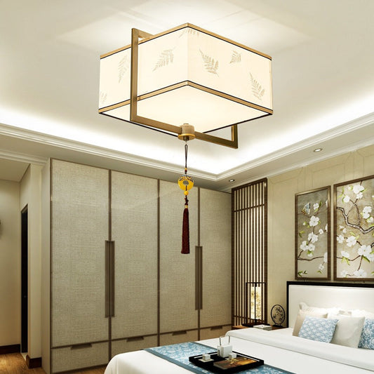 Square Flush Ceiling Light with 5 Fabric Lights – Traditional White Fixture for Bedroom