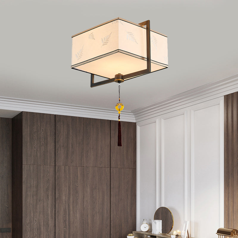 Plafonnier carré encastré avec 5 lampes en tissu – Luminaire blanc traditionnel pour chambre à coucher