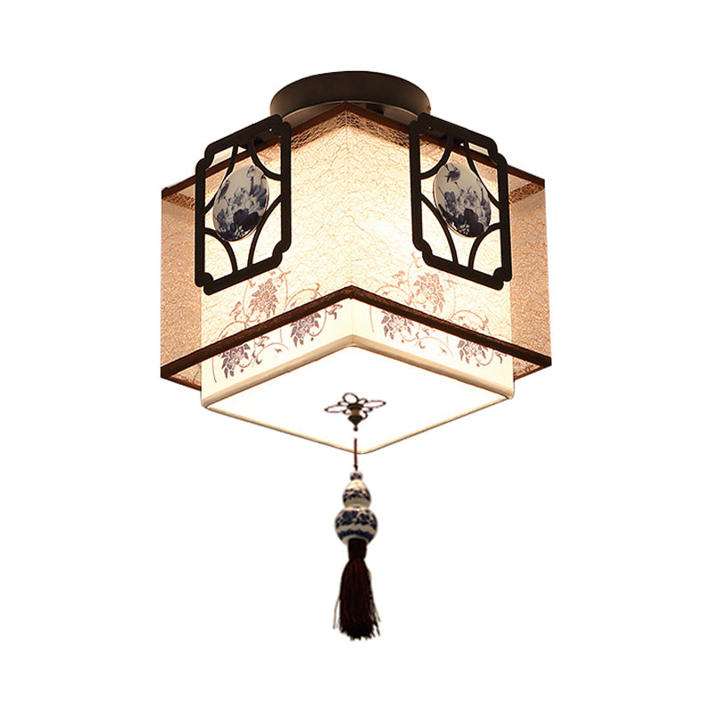 Traditional Black Flush Mount Ceiling Light with Square Fabric Shade