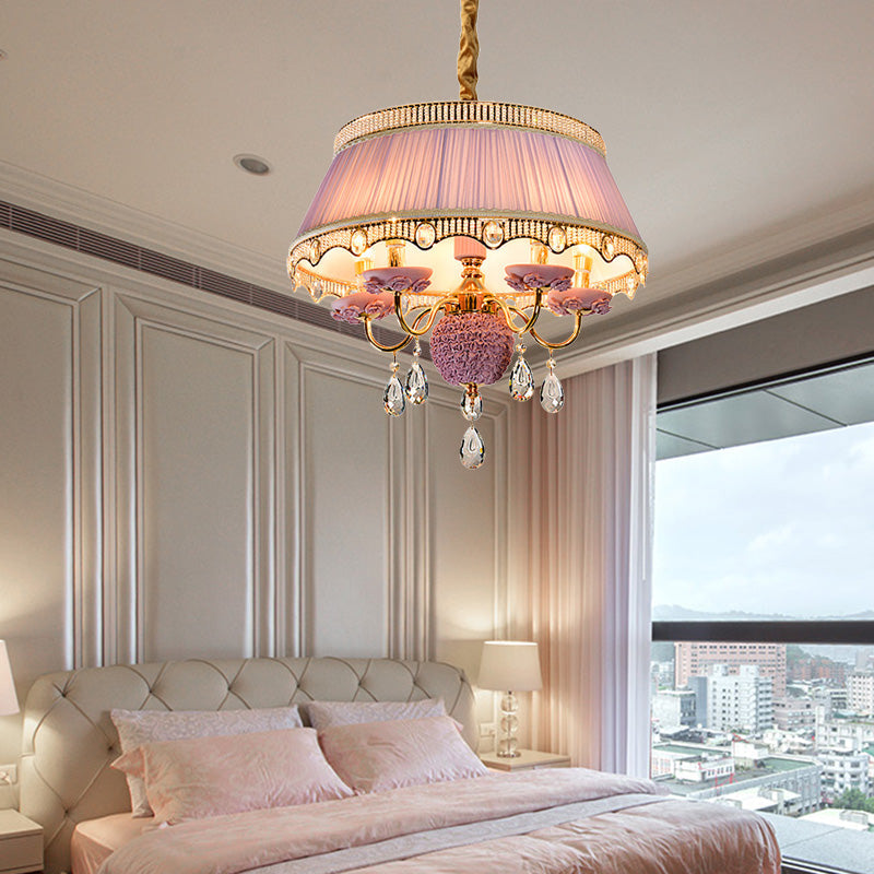 Modern Scalloped Chandelier: 5 Heads Pink/Blue/Purple Fabric Hanging Ceiling Light with Crystal Drops
