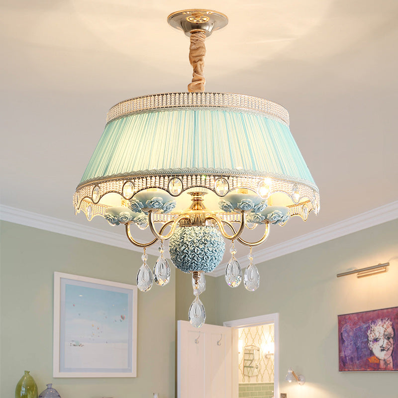Modern Scalloped Chandelier: 5 Heads Pink/Blue/Purple Fabric Hanging Ceiling Light with Crystal Drops