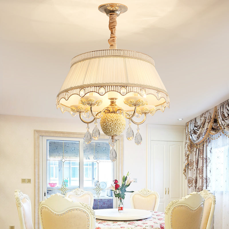 Modern Scalloped Chandelier: 5 Heads Pink/Blue/Purple Fabric Hanging Ceiling Light with Crystal Drops