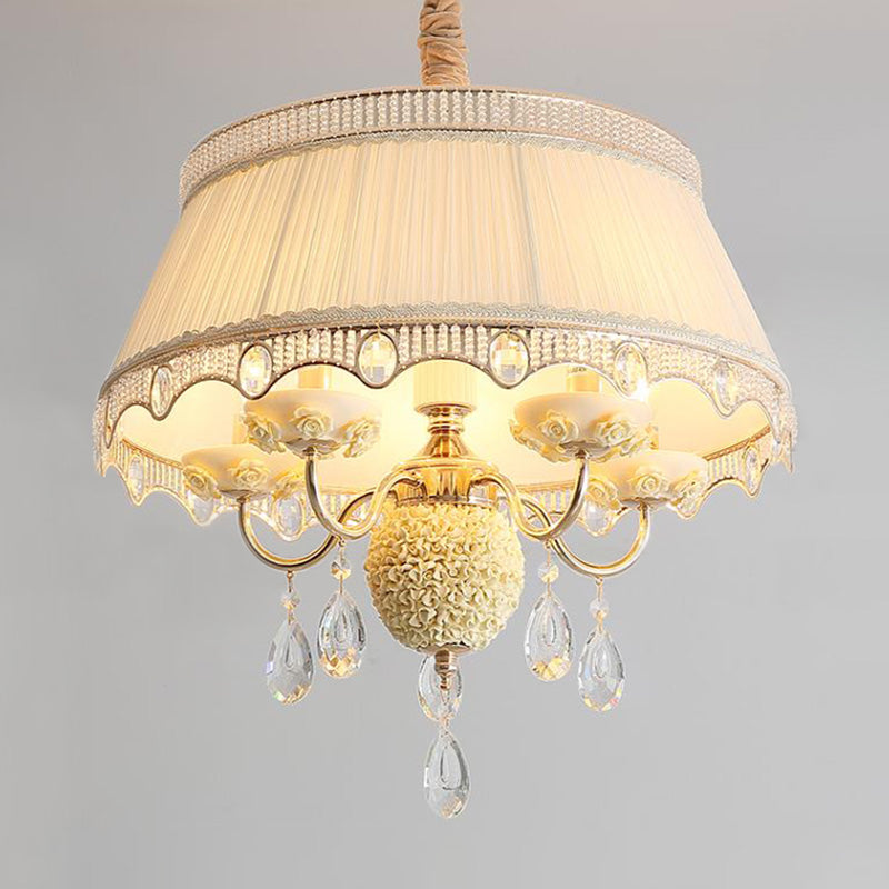 Modern Scalloped Chandelier: 5 Heads Pink/Blue/Purple Fabric Hanging Ceiling Light with Crystal Drops