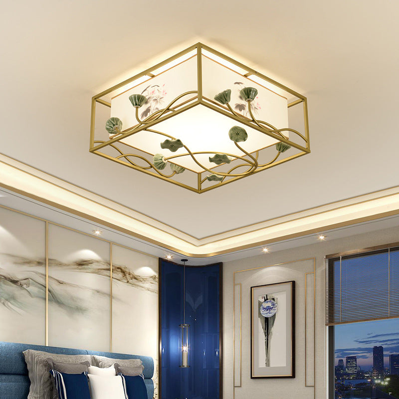 Traditional Square Fabric Flush Mount Lighting - 19.5"/23.5" Wide, 5 Lights - Bedroom Ceiling Fixture in White
