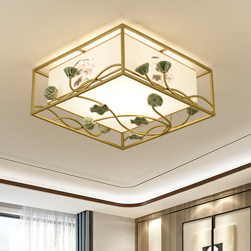 Traditional Square Fabric Flush Mount Lighting - 19.5"/23.5" Wide, 5 Lights - Bedroom Ceiling Fixture in White