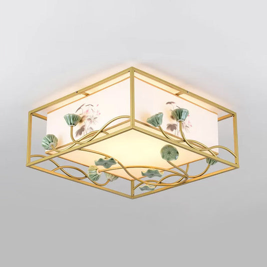 Traditional Square Fabric Flush Mount Lighting - 19.5/23.5 Wide 5 Lights Bedroom Ceiling Fixture In