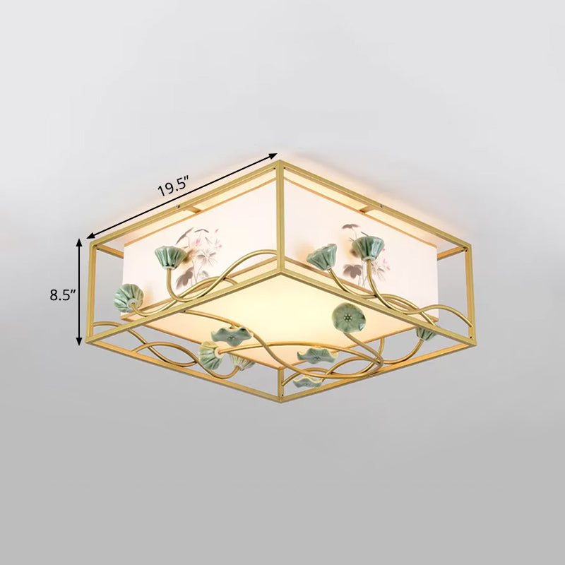 Traditional Square Fabric Flush Mount Lighting - 19.5"/23.5" Wide, 5 Lights - Bedroom Ceiling Fixture in White