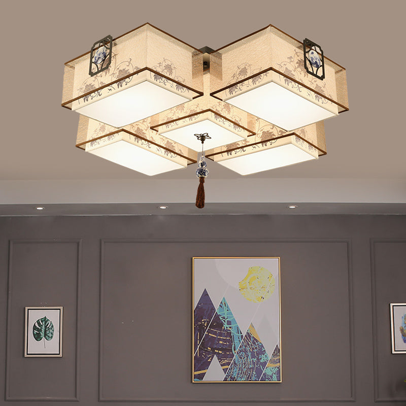 Classic White Flush Mount Ceiling Light - 5-Light Fixture with Rectangle Fabric Shade, 20.5"/28"/35.5" Width