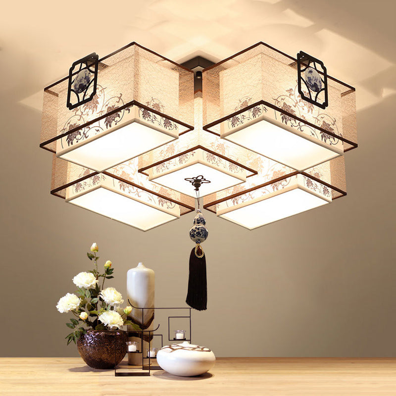 Classic White Flush Mount Ceiling Light - 5-Light Fixture with Rectangle Fabric Shade, 20.5"/28"/35.5" Width