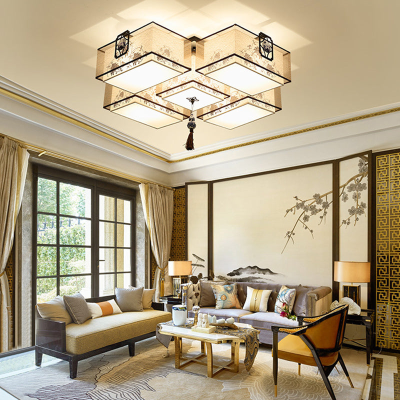 Classic White Flush Mount Ceiling Light - 5-Light Fixture with Rectangle Fabric Shade, 20.5"/28"/35.5" Width