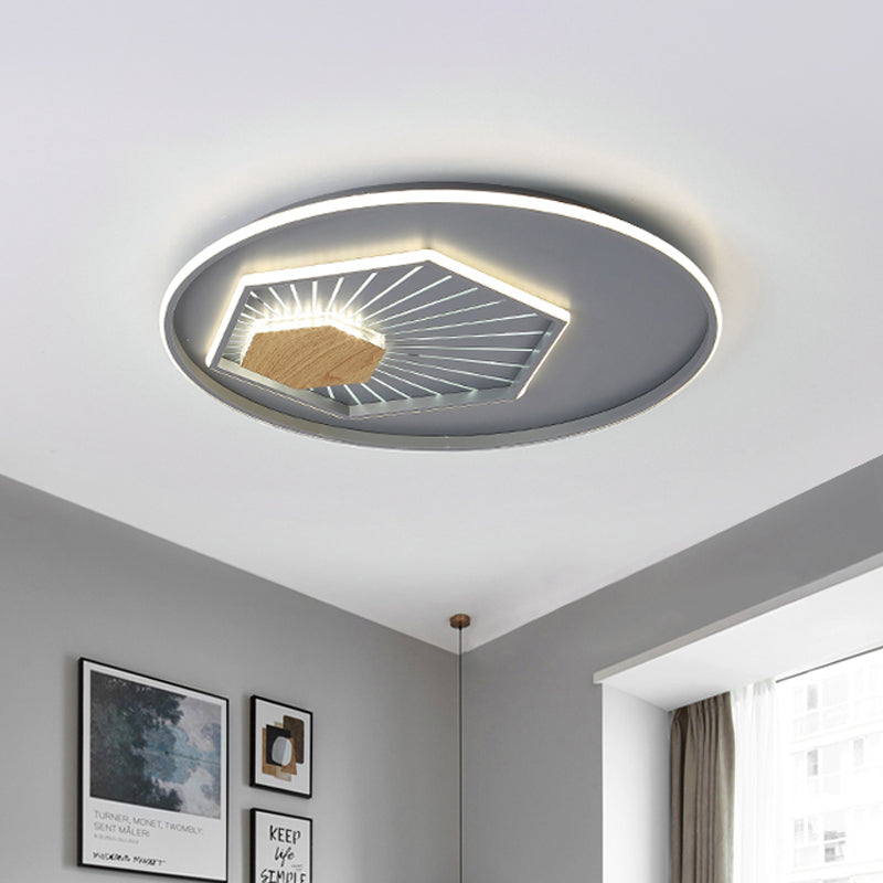 Modern Gray Hexagon Acrylic LED Flush Light Fixture, 19.5"/23.5" Wide - Warm/3 Color Light