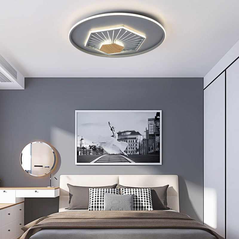 Modern Gray Hexagon Acrylic LED Flush Light Fixture, 19.5"/23.5" Wide - Warm/3 Color Light