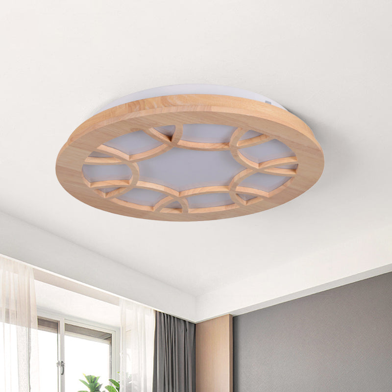 Modern LED Flush Wood Shade Ceiling Mount Lamp Kit in Beige Drum Design