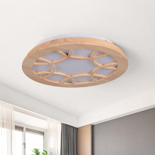 Modern LED Flush Wood Shade Ceiling Mount Lamp Kit in Beige Drum Design