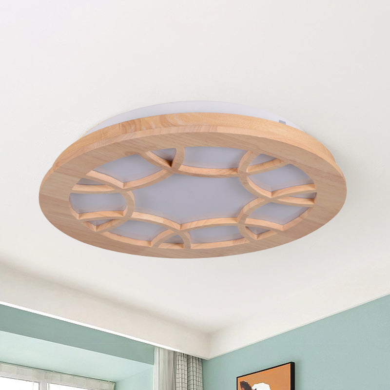 Modern LED Flush Wood Shade Ceiling Mount Lamp Kit in Beige Drum Design