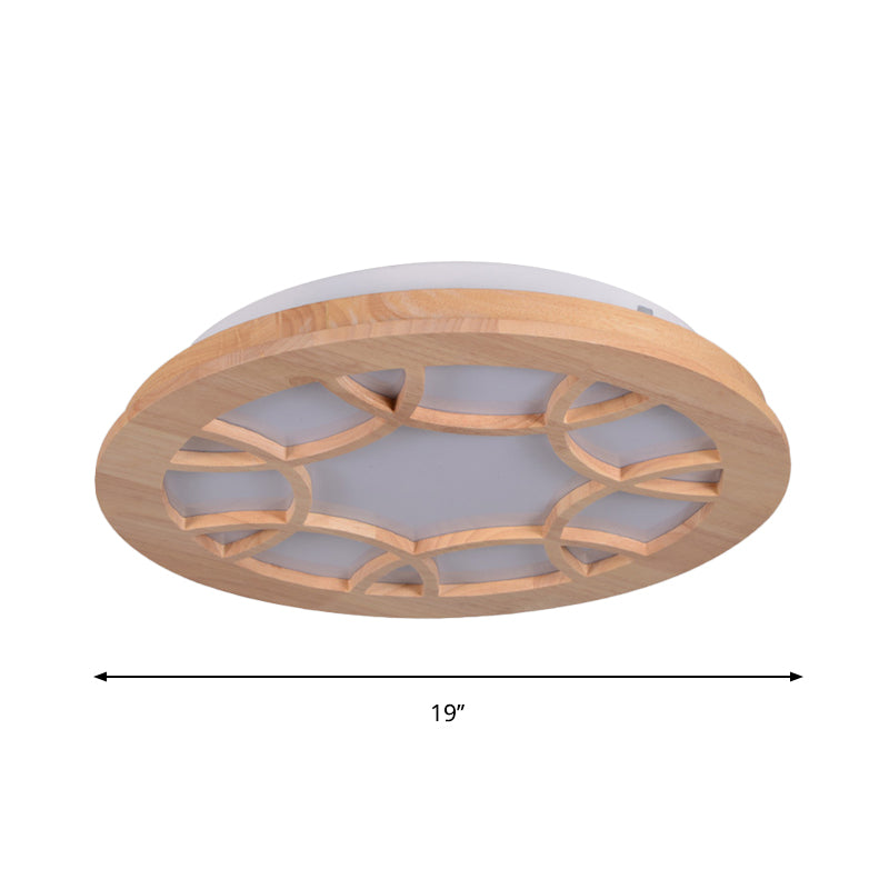 Modern LED Flush Wood Shade Ceiling Mount Lamp Kit in Beige Drum Design