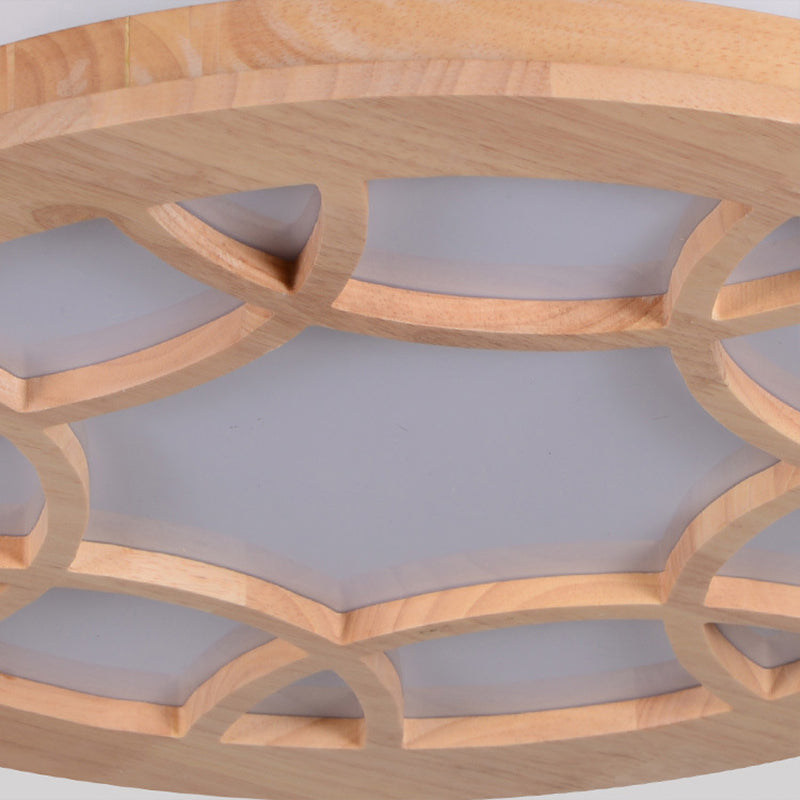 Modern LED Flush Wood Shade Ceiling Mount Lamp Kit in Beige Drum Design
