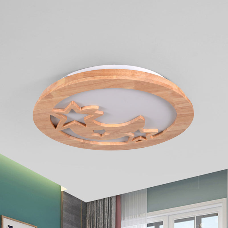 Contemporary Wood LED Ceiling Lamp with Carved Moon and Star Design - Natural Flush Mount Light for Foyer