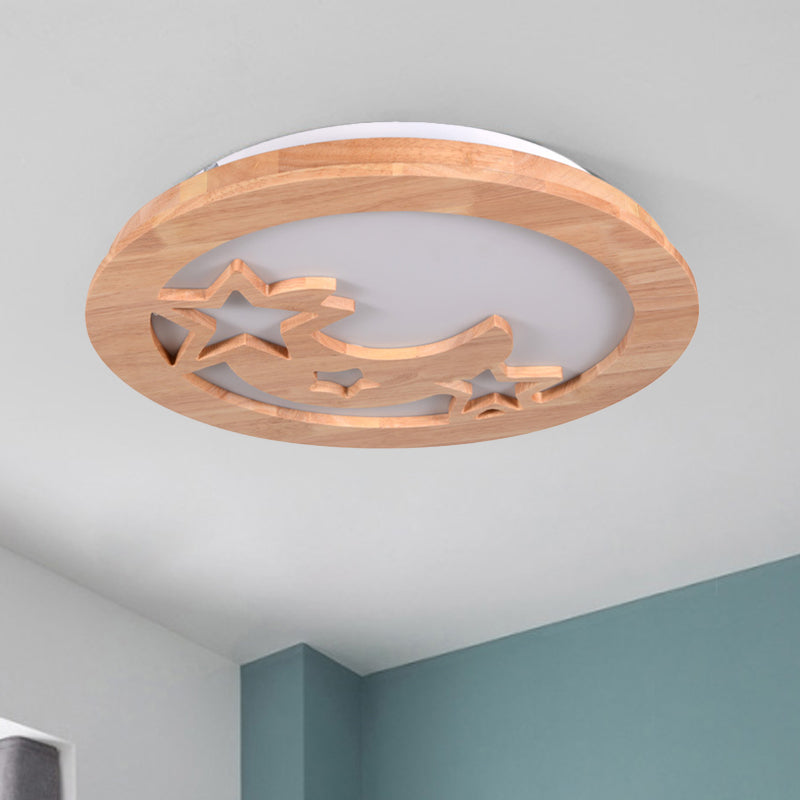 Contemporary Wood LED Ceiling Lamp with Carved Moon and Star Design - Natural Flush Mount Light for Foyer