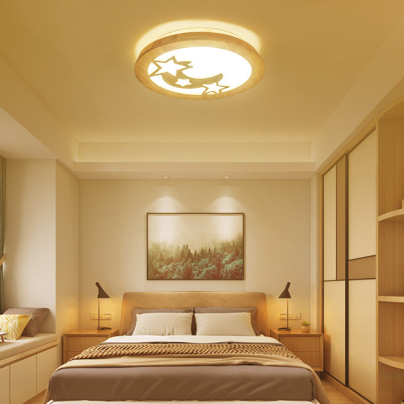 Contemporary Wood LED Ceiling Lamp with Carved Moon and Star Design - Natural Flush Mount Light for Foyer