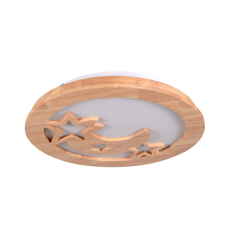 Contemporary Wood LED Ceiling Lamp with Carved Moon and Star Design - Natural Flush Mount Light for Foyer