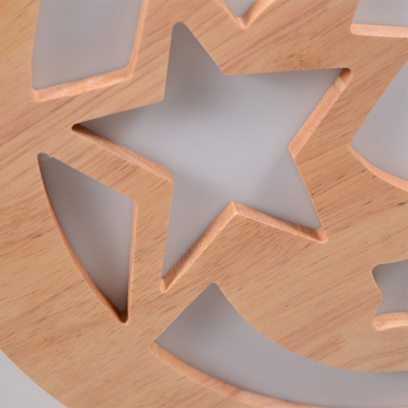Contemporary Wood LED Ceiling Lamp with Carved Moon and Star Design - Natural Flush Mount Light for Foyer