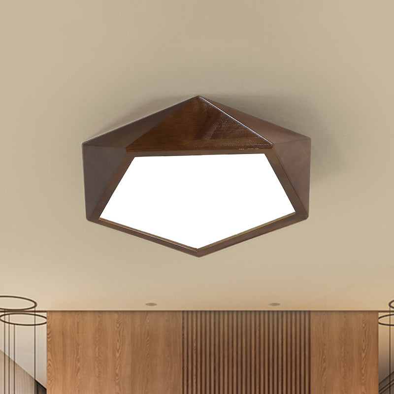 Minimalist Brown Wooden Flush Mount LED Ceiling Lamp - Faceted Pentagon Design (13"/16"/19.5" Wide)