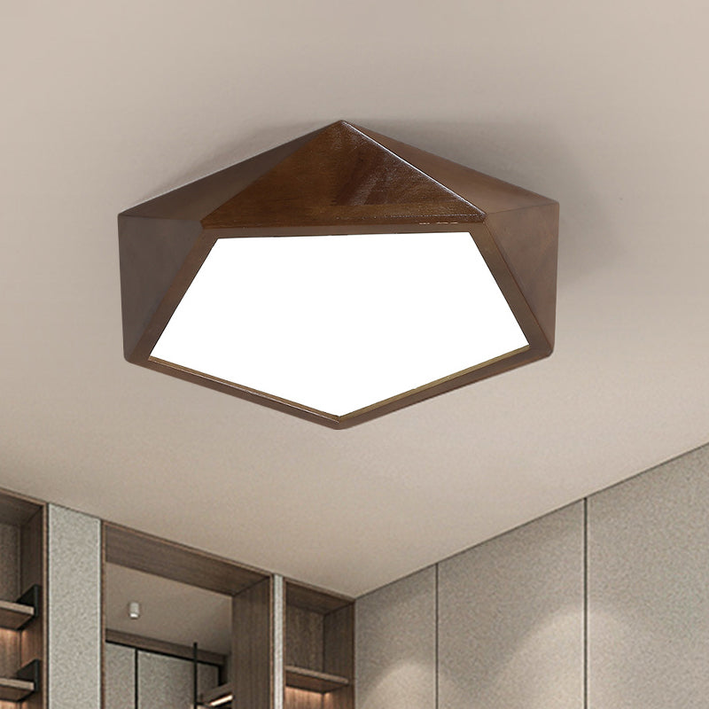 Minimalist Brown Wooden Flush Mount LED Ceiling Lamp - Faceted Pentagon Design (13"/16"/19.5" Wide)