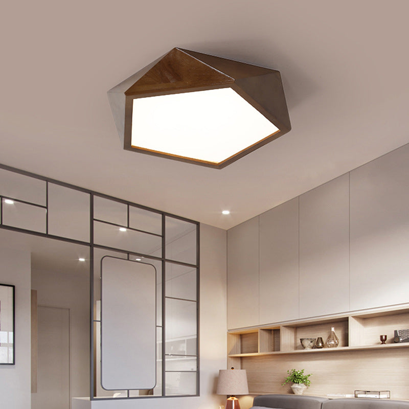 Minimalist Brown Wooden Flush Mount LED Ceiling Lamp - Faceted Pentagon Design (13"/16"/19.5" Wide)