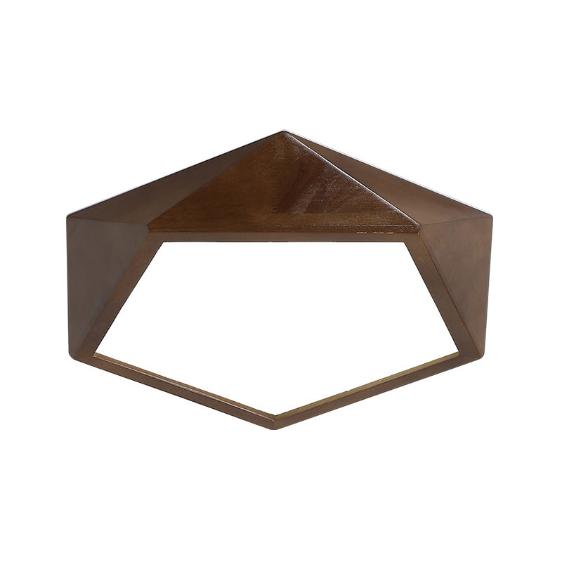 Minimalist Brown Wooden Flush Mount LED Ceiling Lamp - Faceted Pentagon Design (13"/16"/19.5" Wide)