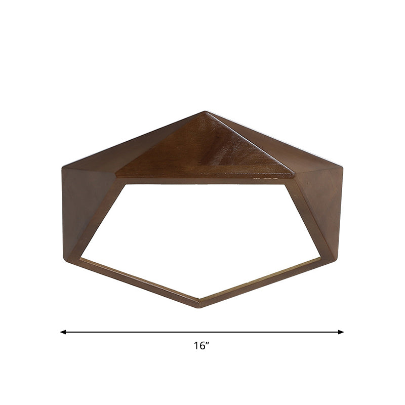 Minimalist Brown Wooden Flush Mount LED Ceiling Lamp - Faceted Pentagon Design (13"/16"/19.5" Wide)