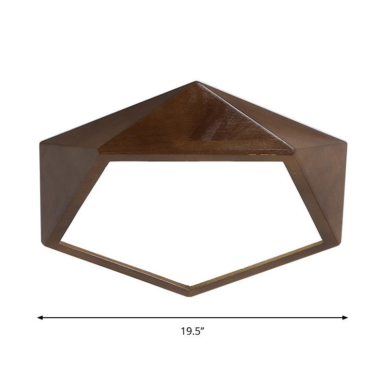 Minimalist Brown Wooden Flush Mount LED Ceiling Lamp - Faceted Pentagon Design (13"/16"/19.5" Wide)