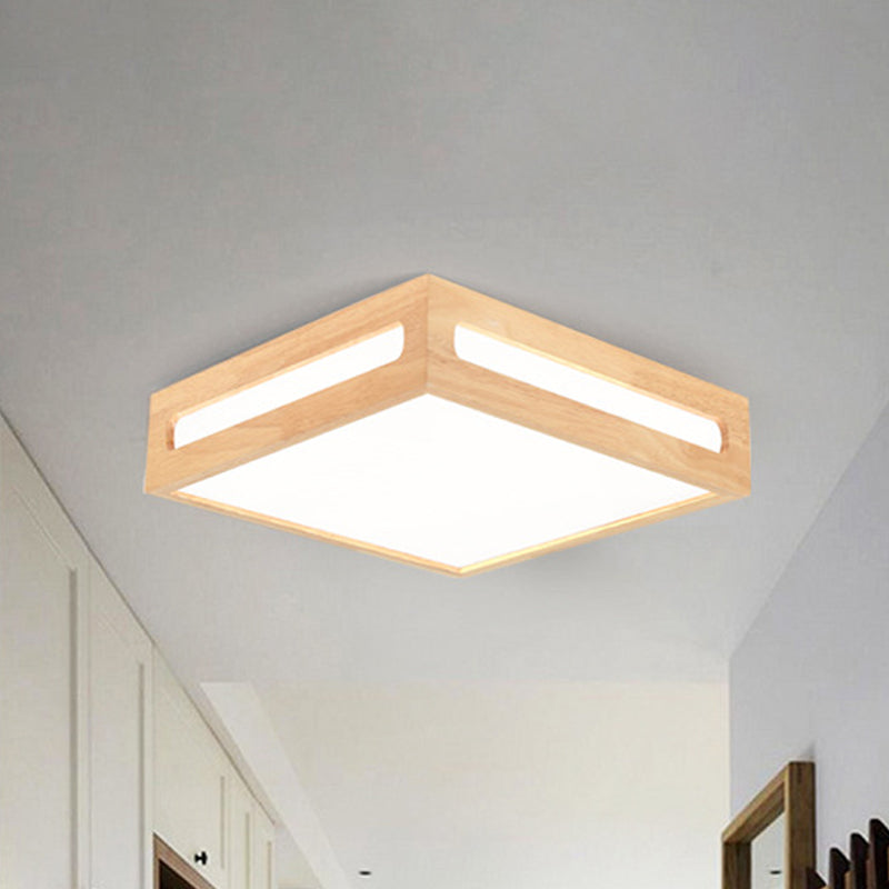 Minimalist LED Flush Light with Acrylic Shade and Natural Wood Square Box Ceiling Lighting in Warm/White Light