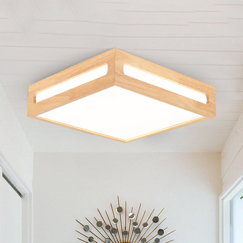 Minimalist LED Flush Light with Acrylic Shade and Natural Wood Square Box Ceiling Lighting in Warm/White Light