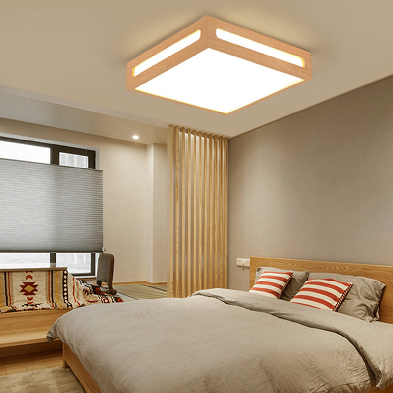 Minimalist LED Flush Light with Acrylic Shade and Natural Wood Square Box Ceiling Lighting in Warm/White Light
