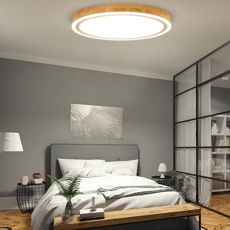 Nordic Style Natural Wood LED Flush Ceiling Lamp Kit - Super Thin & Round, 12"/15" Diameter - Ideal for Bedroom Lighting