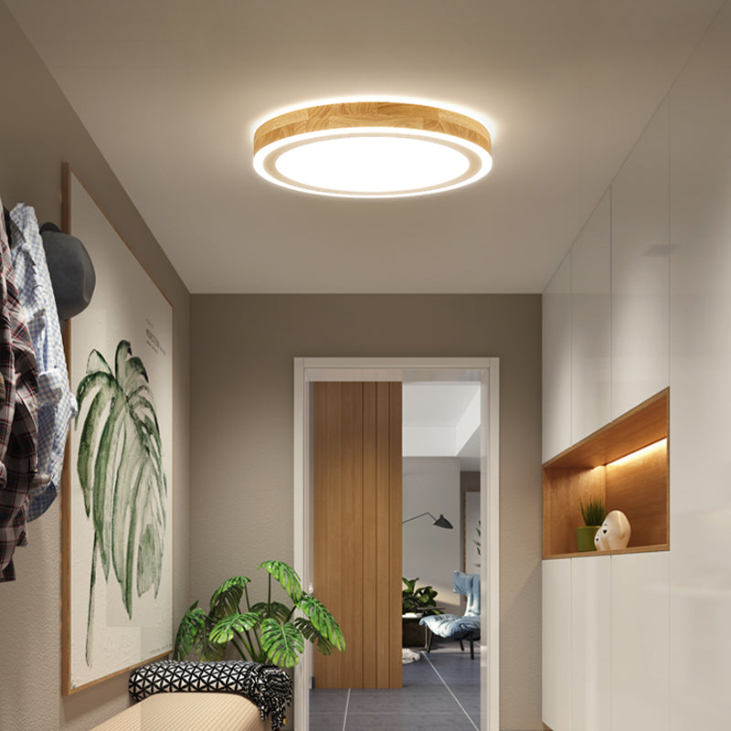 Nordic Dual Halo Ring Flush Mount Lamp - 12"/15" Dia Wooden LED Ceiling Lighting in Beige, Ideal for Corridors
