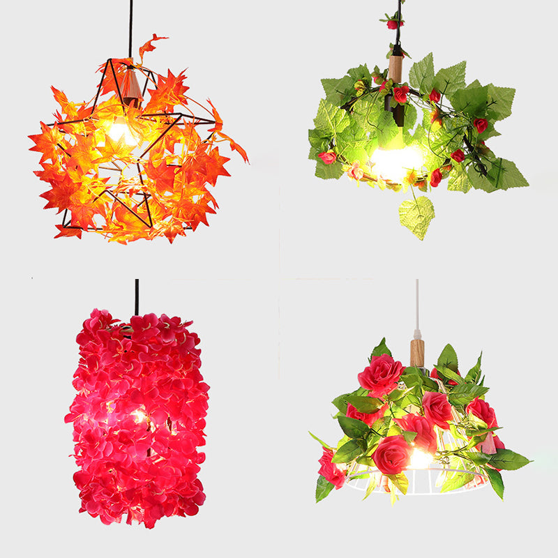 Rustic Cylinder Hanging Lamp With Faux Plants - Vintage Style Pendant Light In Green/Orange