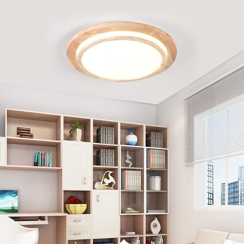 Plafonnier LED rond en bois naturel à lumière chaude/blanche, 15"/18"/23" de diamètre - Simplicité et élégance