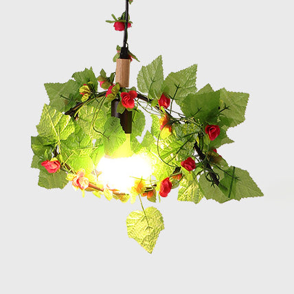 Rustic Cylinder Hanging Lamp With Faux Plants - Vintage Style Pendant Light In Green/Orange Green /