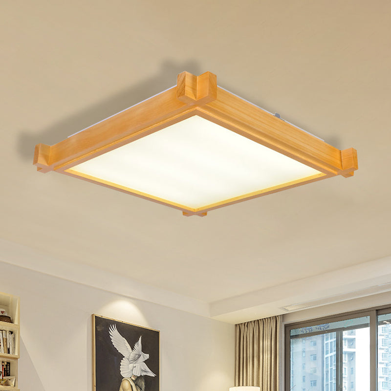 Minimalist LED Flush Mount Light for Living Room - Beige Ceiling Lighting with Wooden Square Shade - Warm/White Light - 15"/19"/21.5" W