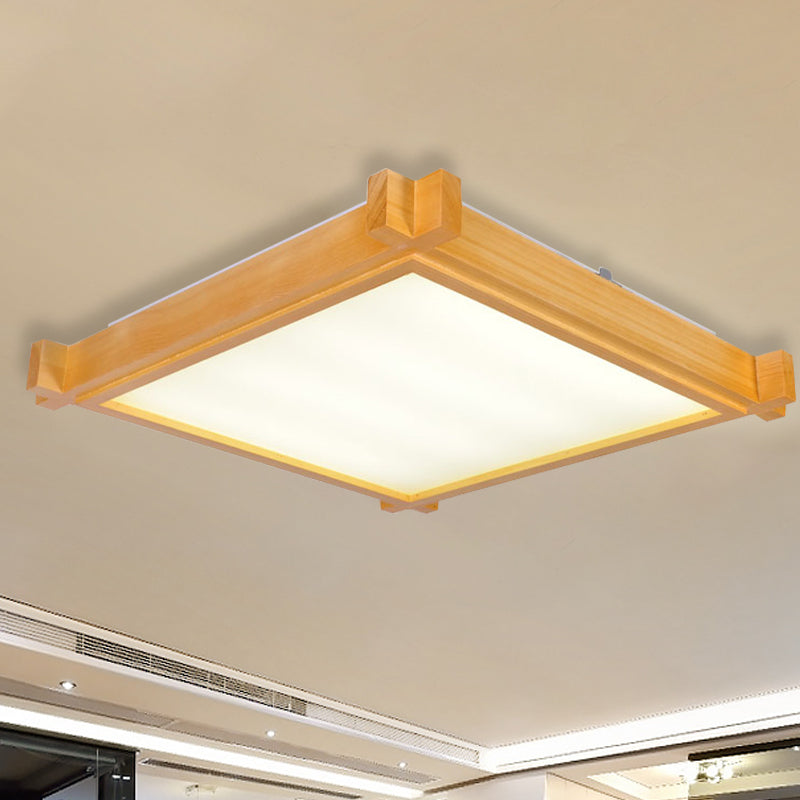 Minimalist LED Flush Mount Light for Living Room - Beige Ceiling Lighting with Wooden Square Shade - Warm/White Light - 15"/19"/21.5" W