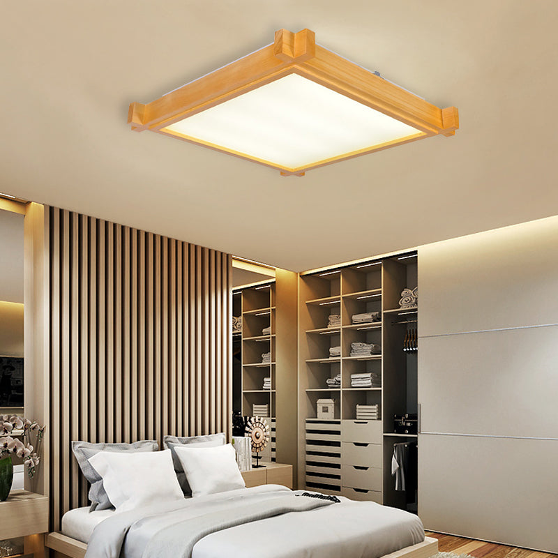 Minimalist LED Flush Mount Light for Living Room - Beige Ceiling Lighting with Wooden Square Shade - Warm/White Light - 15"/19"/21.5" W