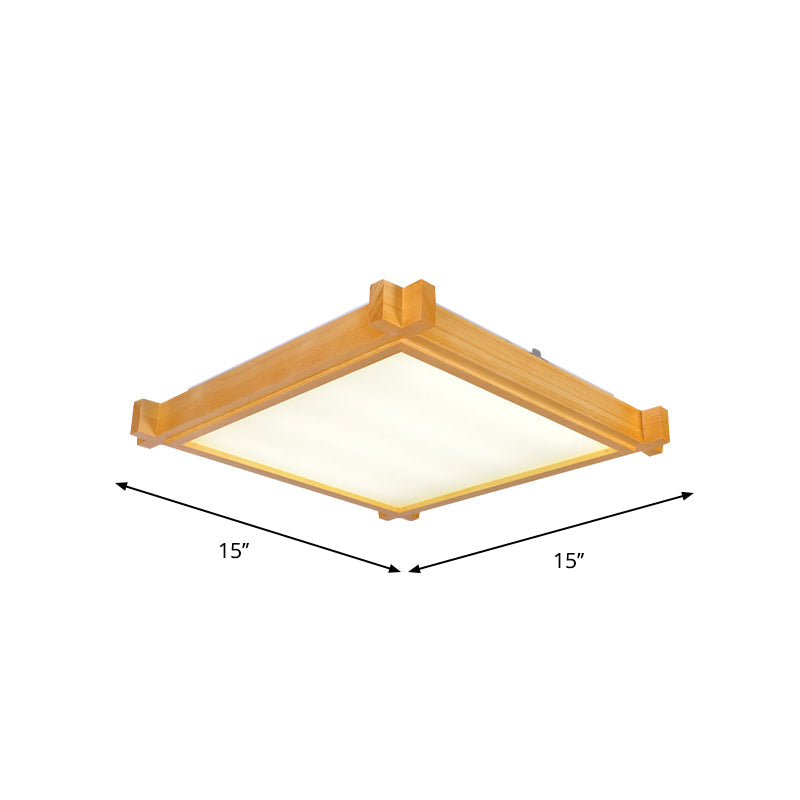 Minimalist LED Flush Mount Light for Living Room - Beige Ceiling Lighting with Wooden Square Shade - Warm/White Light - 15"/19"/21.5" W